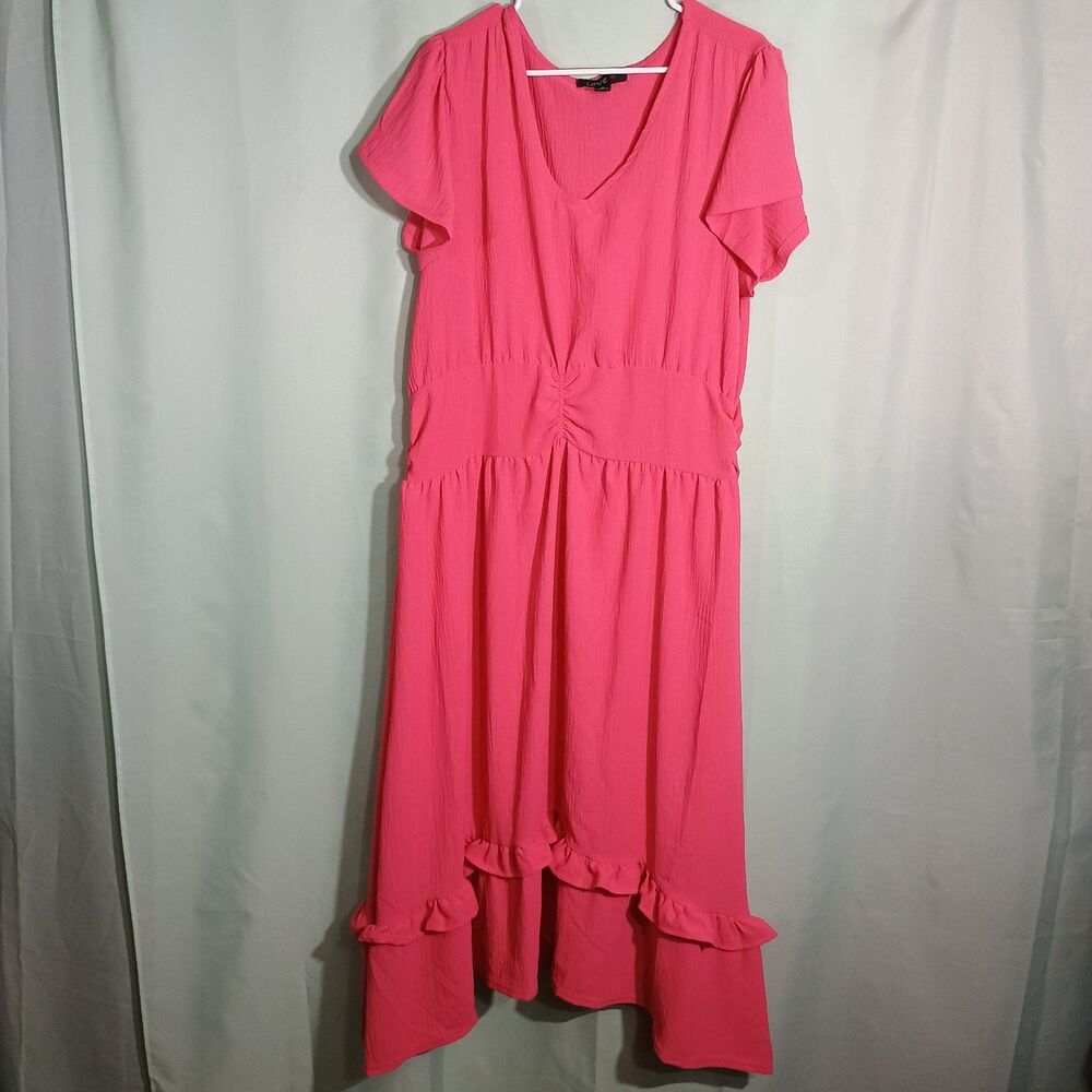 Women's Hot Pink Midi Dress V Neck Short Sleeve Ruffle Hem Flowy Casual Dress